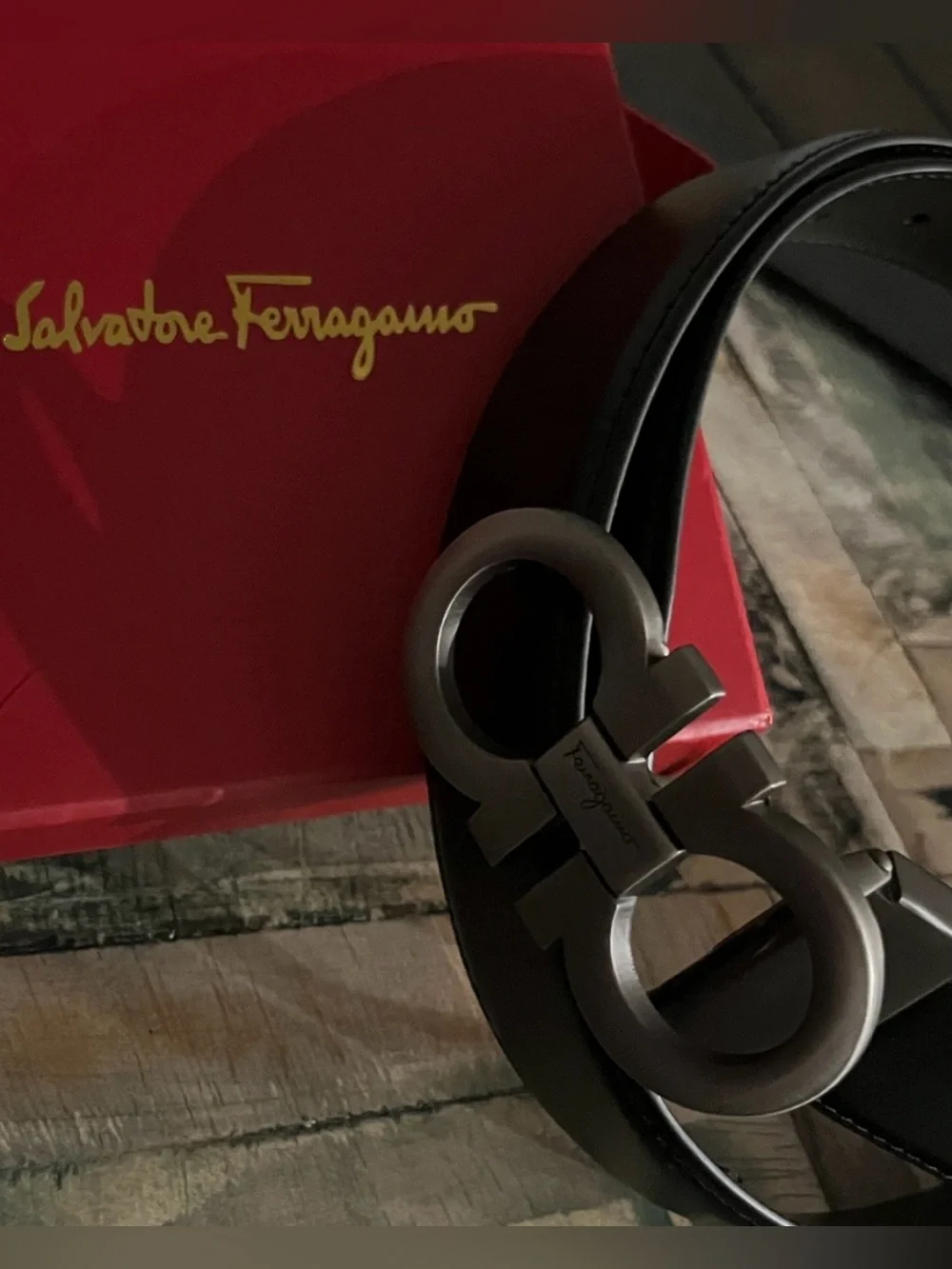 Salvatore Ferragamo Black Leather Belt with Gunmetal Gancini Buckle